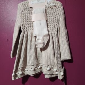 Cream Knit Baby Dress with Pom Pom Trim